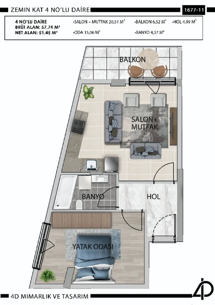 Daire 4 4 NO'LU DAİRE daire planı