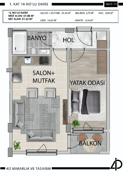 Daire 16 16 NO'LU DAİRE daire planı