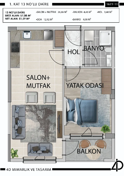 Daire 13 13 NO'LU DAİRE daire planı