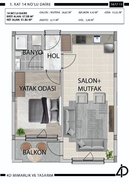 Daire 14 14 NO'LU DAİRE daire planı